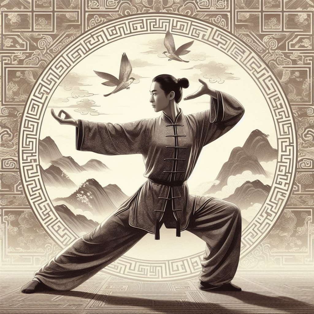 Une femme maître de Tai Chi posant avec 2 oiseaux volant au-dessus de sa tête. Un fond d'estampe chinoise. Croisements Culturels